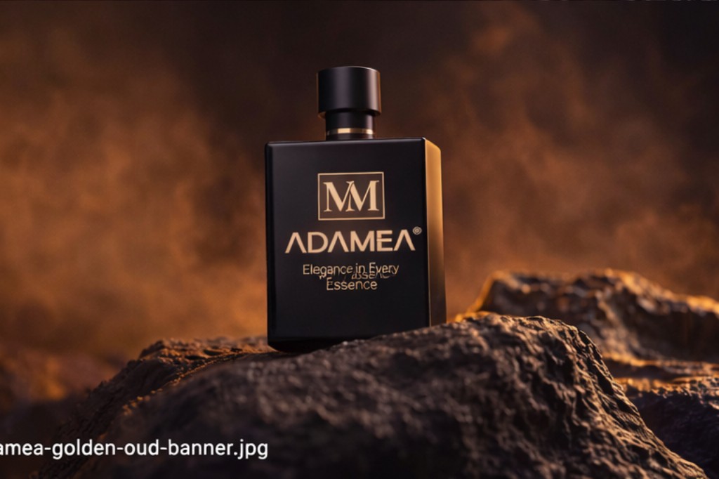 A luxurious display of Adamea's best perfume for men, positioned prominently in the foreground. The elegant bottle, with refined lines and a rich, dark glass exterior, catches the soft, ambient lighting that creates a warm glow around it. In the middle ground, a sophisticated backdrop of a stylish vanity table adorned with polished leather and subtle accents, surrounded by hints of sophisticated decor, like a minimalist vase and a classic watch. The background features an out-of-focus city skyline, suggesting urban sophistication. The mood is refined and inviting, evoking a sense of elegance and timeless masculinity. Capture this scene from a slightly elevated angle, utilizing a shallow depth of field to emphasize the perfume bottle while softening the background elements, creating a serene yet alluring atmosphere.